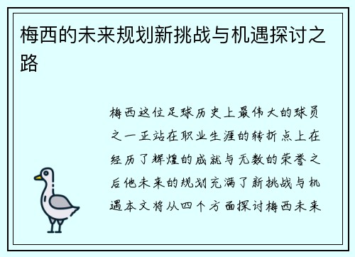 梅西的未来规划新挑战与机遇探讨之路